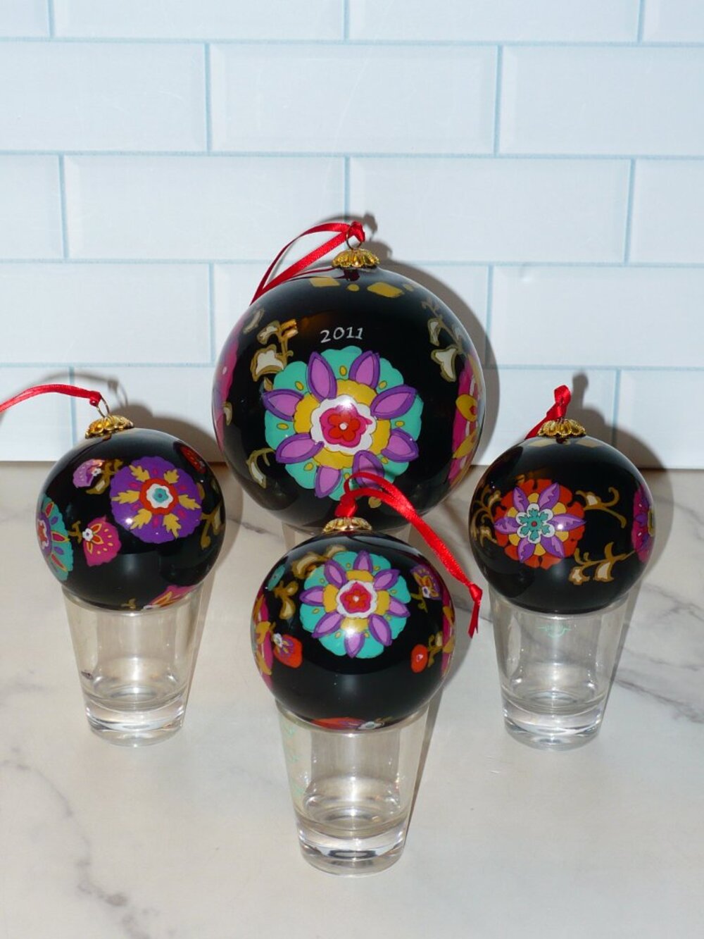 Vera Bradley 2011 Christmas Tree Ornaments Handpainted Set of 4 Black & Multi